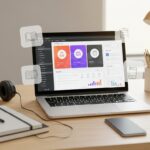 A stylish home office desk with a laptop displaying digital product icons, surrounded by creative tools like a notebook, smartphone, and coffee mug—symbolizing the process of building and selling digital products online.