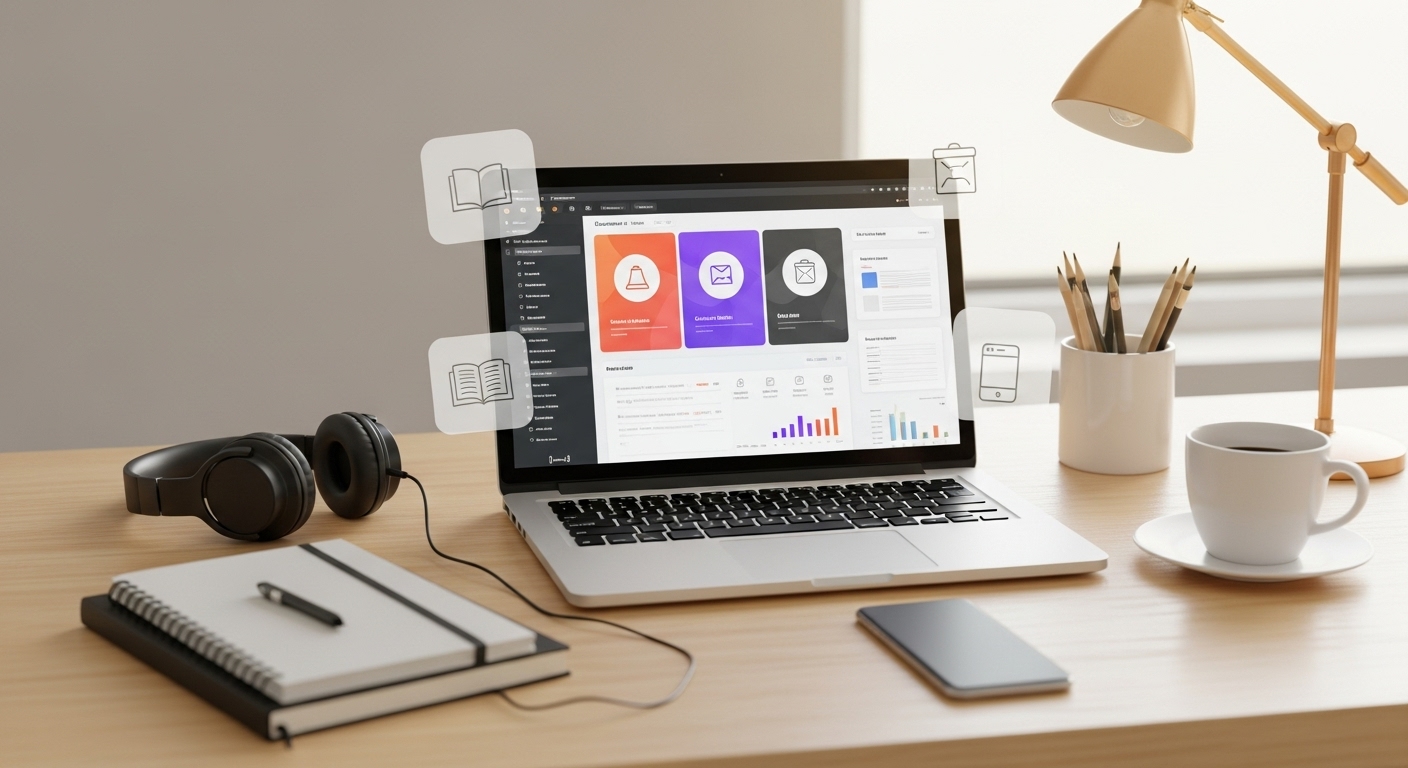 A stylish home office desk with a laptop displaying digital product icons, surrounded by creative tools like a notebook, smartphone, and coffee mug—symbolizing the process of building and selling digital products online.