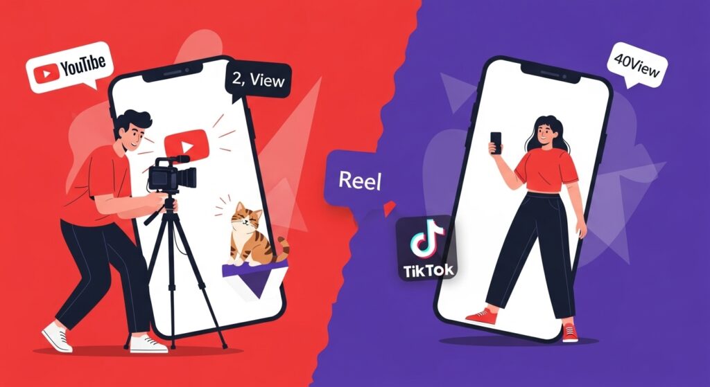 A realistic split-screen photo of a YouTuber filming a tutorial with a camera and a cat, and an Instagrammer recording a Reel with a smartphone, with platform logos and view count notes, demonstrating how to earn money from online platforms via content creation.