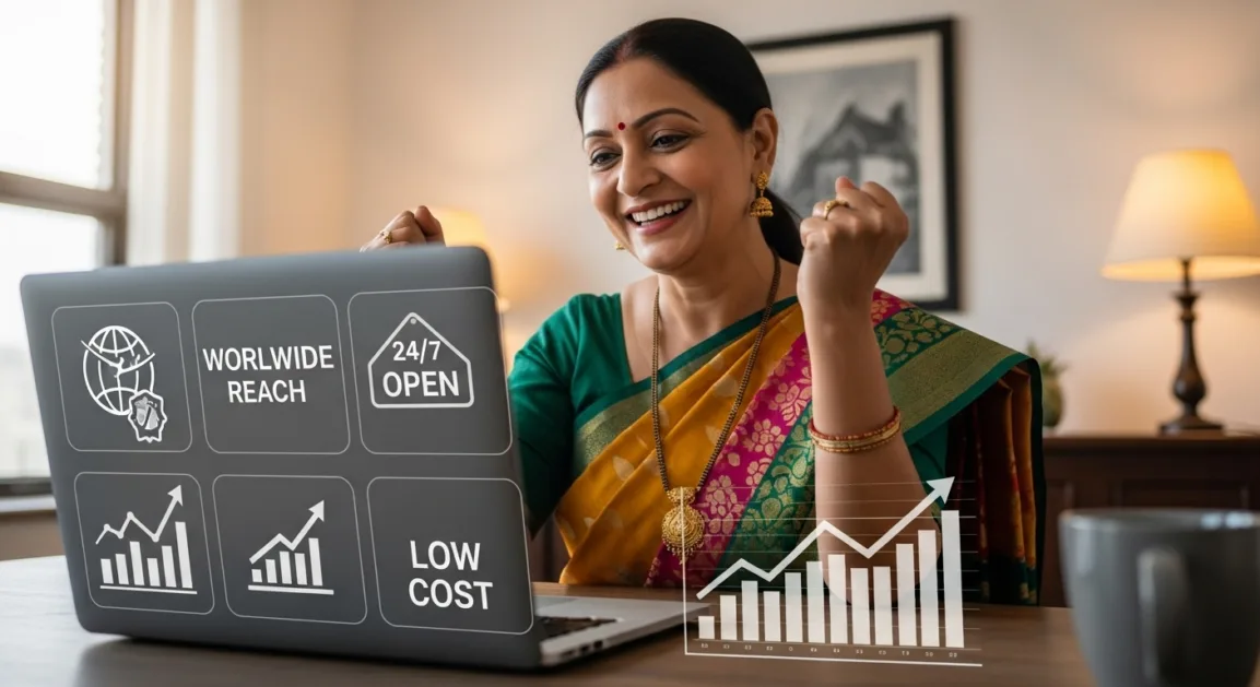 Person managing an online store with visual icons of e-commerce benefits