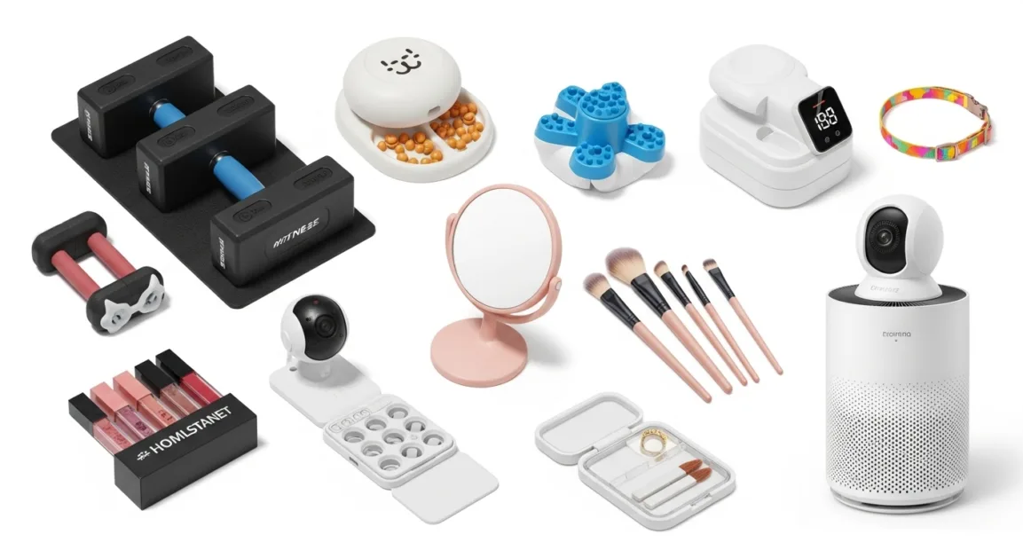 Collection of trending dropshipping products like fitness, pet, and beauty gadgets