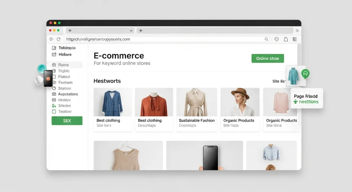 E-commerce SEO strategy visual with search results and ranking