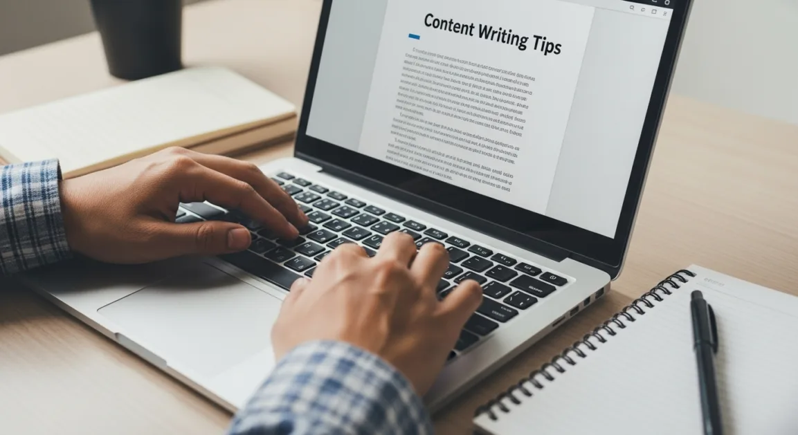 Close-up of Indian person's hands typing on a laptop with a notebook nearby, focused on content writing tips document.