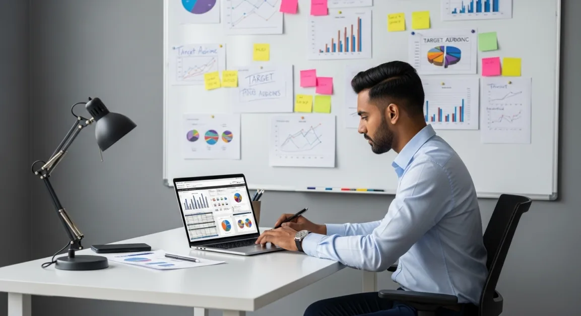 Person studying market demand and competitor analysis using charts