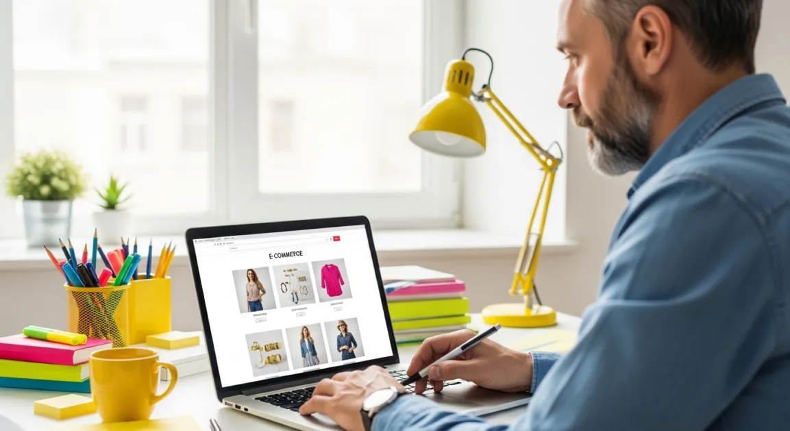 Web designer building an e-commerce website with product images for local business.