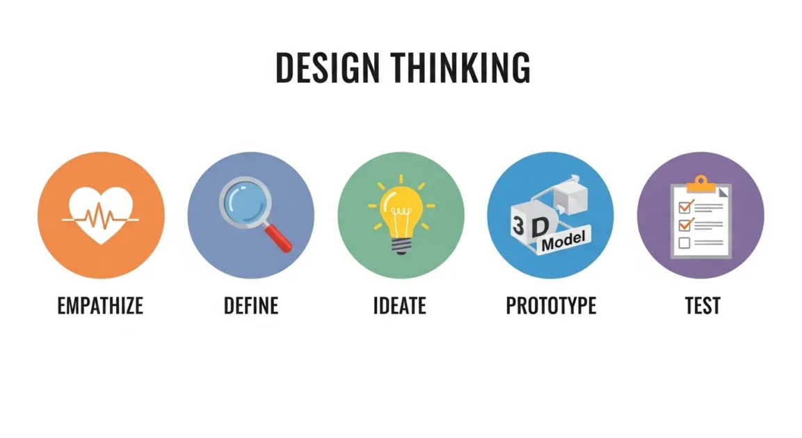 Flowchart illustrating the five stages of Design Thinking: Empathize, Define, Ideate, Prototype, and Test.
