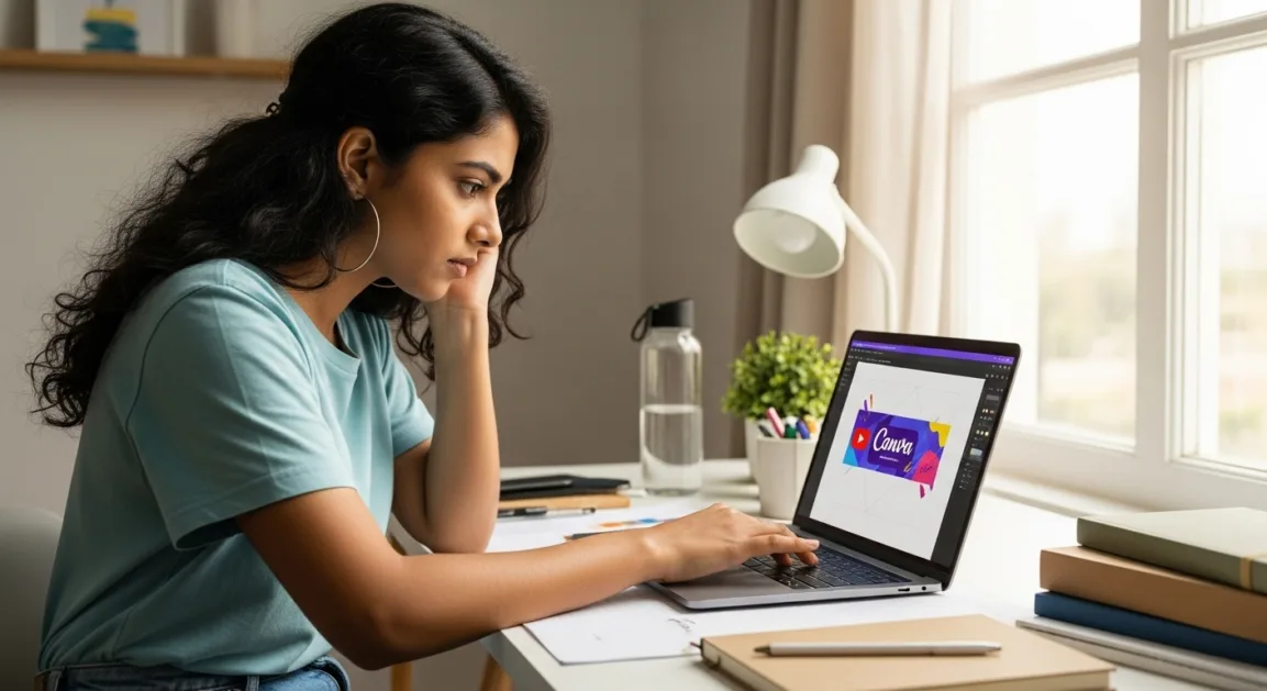 Indian creator designing a logo and banner for a YouTube channel on a computer at home.