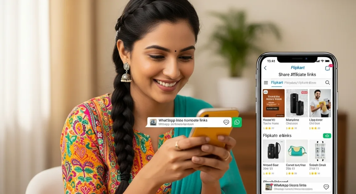Indian housewife sharing Flipkart affiliate link on mobile