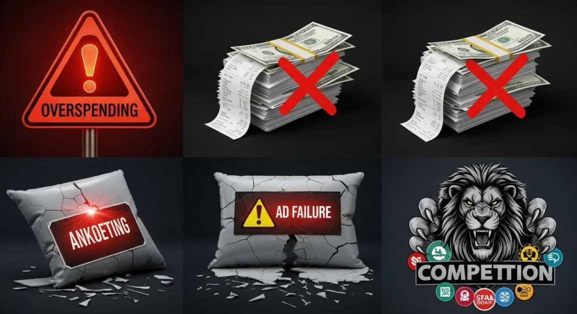 Icons representing dropshipping risks like high expenses, ad failures, and competition