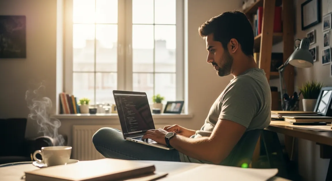 Indian freelancer coding a website from home with laptop and coffee.