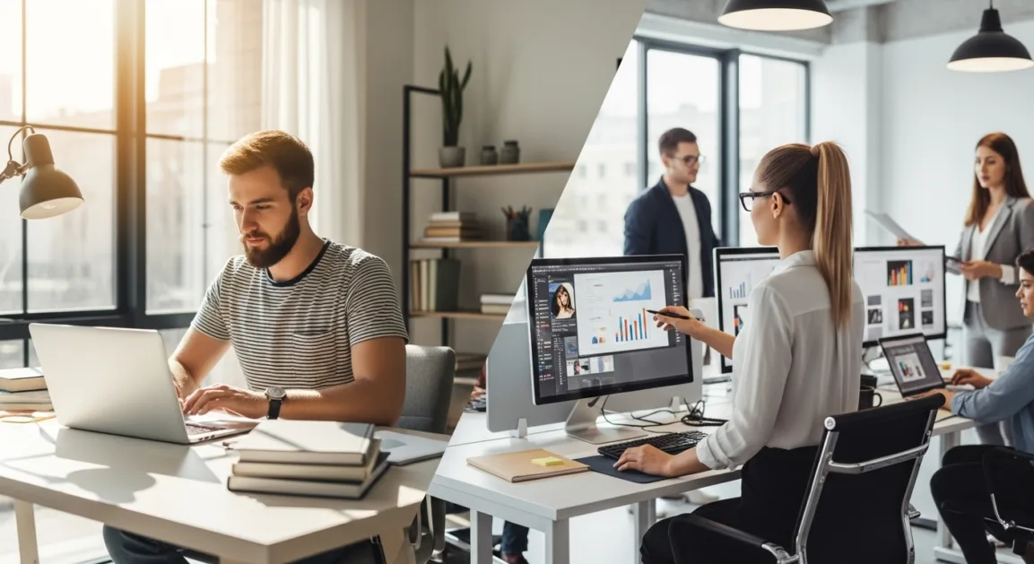 Comparison of freelancing graphic designer working from home and full-time graphic designer working in office.