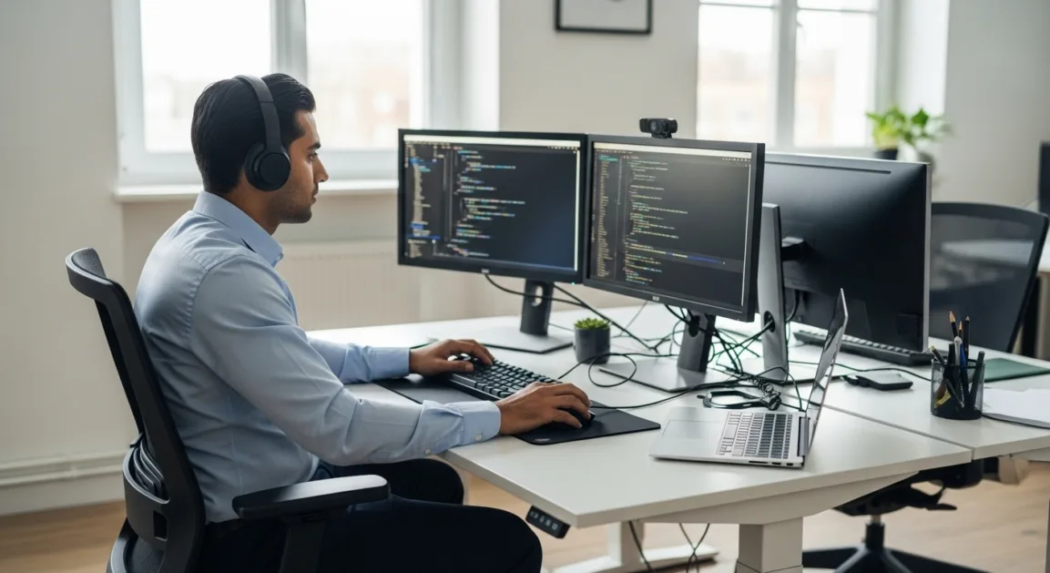 Full-time Indian web developer working in modern office environment.