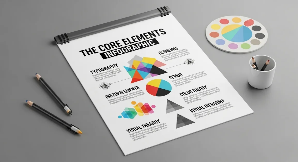 Infographic illustrating the key elements of graphic design including line, color, typography, space, texture, shape, and balance.