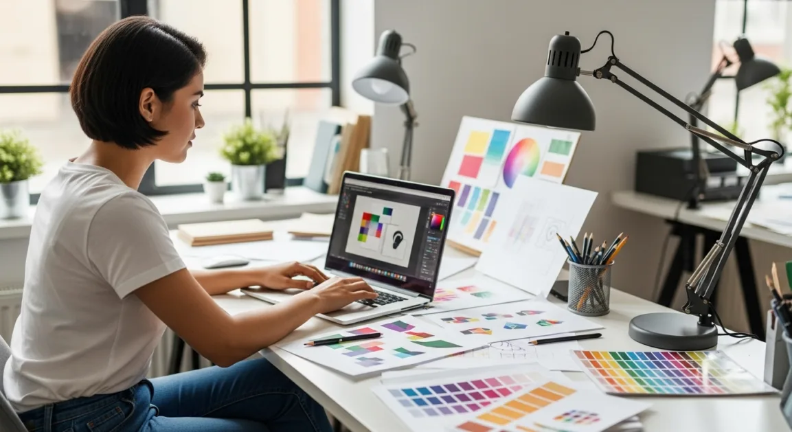 Graphic designer working on a laptop using Adobe Photoshop and Illustrator at a creative workspace.