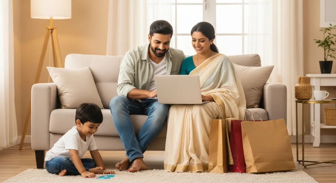 Indian young person shopping online at home on mobile