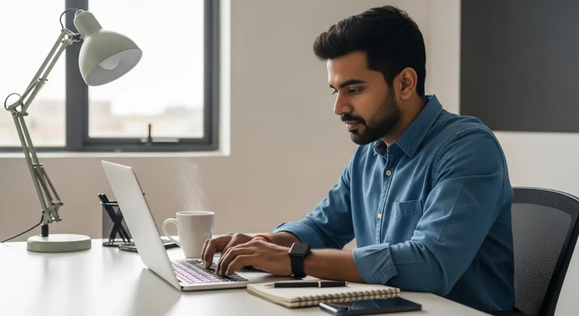 Focused Indian freelancer sending professional sponsorship pitches on laptop, with coffee cup and notebook on table.