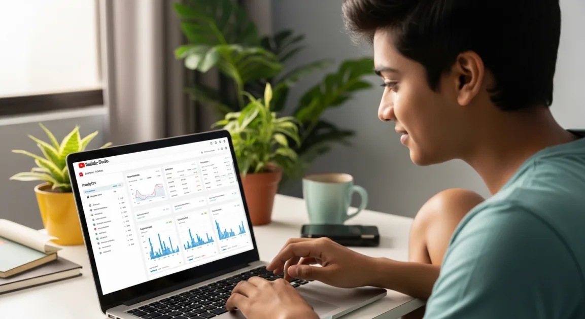 Indian content creator reviewing YouTube Studio analytics on a laptop.