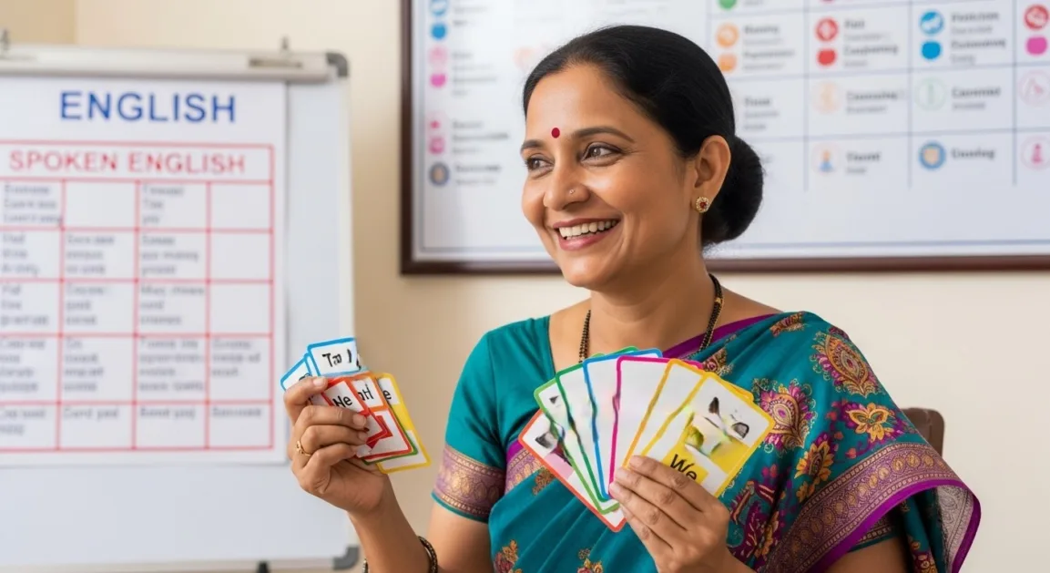A woman teacher from a small town teaching spoken English via Zoom, holding a notebook with a whiteboard behind her.