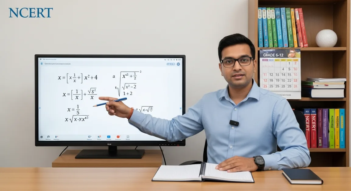 An Indian male teacher teaching math and science online via video call, with formulas on screen and books nearby.