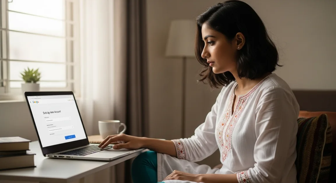 Young Indian person creating a Google account on a laptop at home in natural light.