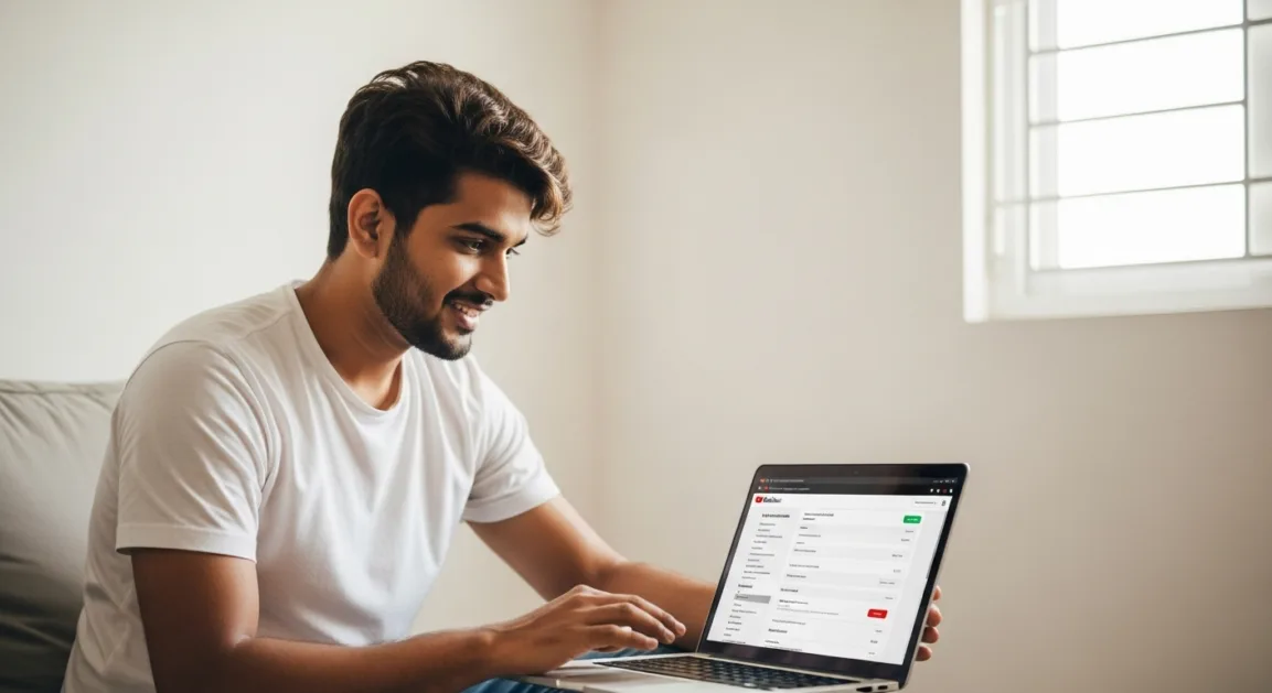 Indian youth creating a YouTube channel using a laptop with the YouTube channel creation page open.