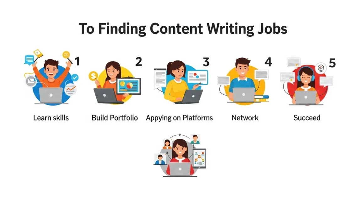 Infographic showing step-by-step guide to get content writing jobs: Learn skills, build portfolio, apply, network, succeed with Indian youth silhouettes.