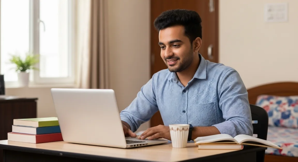 An Indian man or woman teaching students online via laptop from home, with books and a cup of chai nearby.