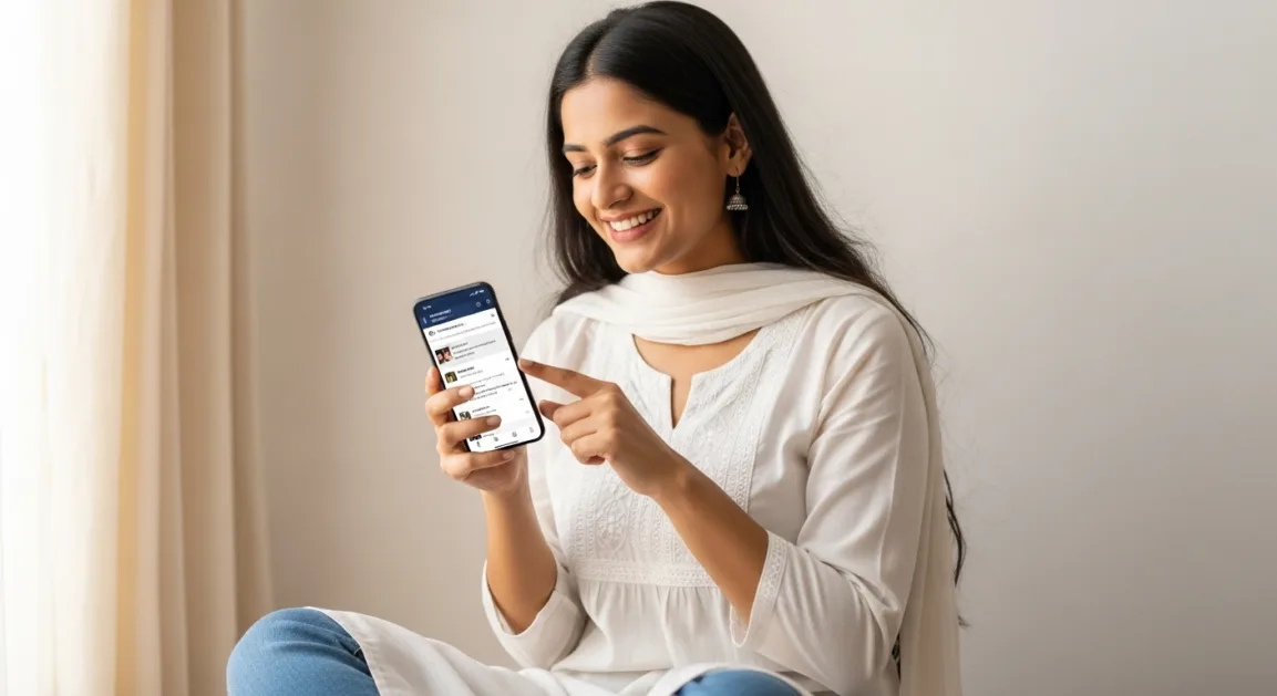 Young Indian woman smiling while promoting products through affiliate links on Facebook Reels, visible on her smartphone screen.