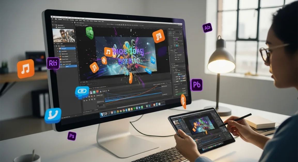 Graphic designer working on motion graphics animation using Adobe After Effects and tablet