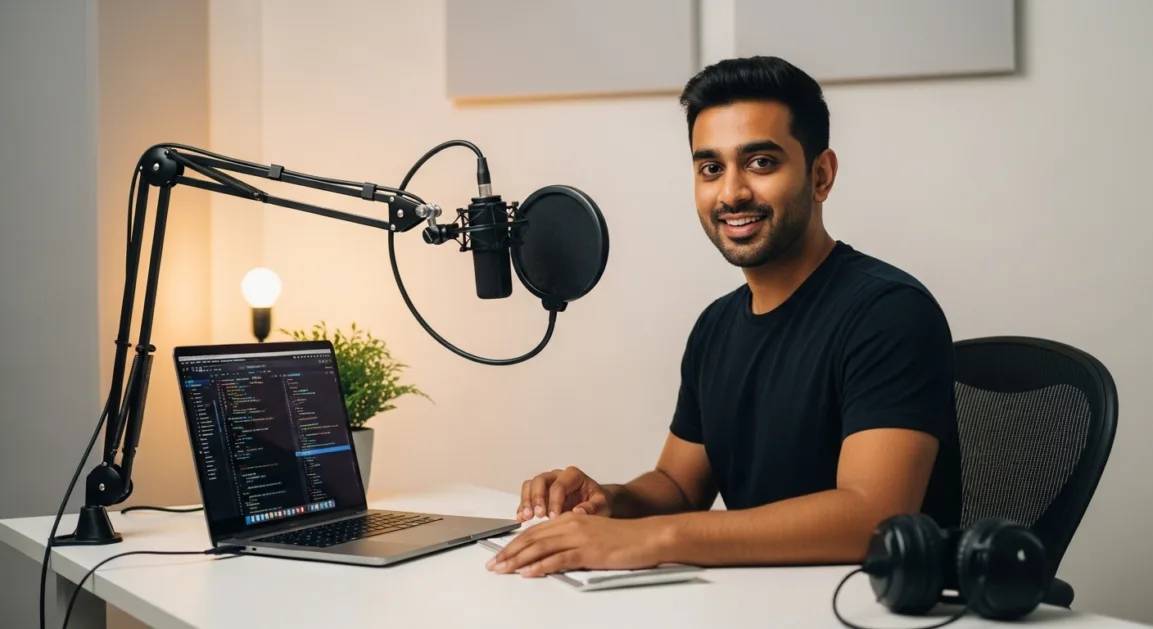 ndian content creator making online web development course tutorial from home studio.