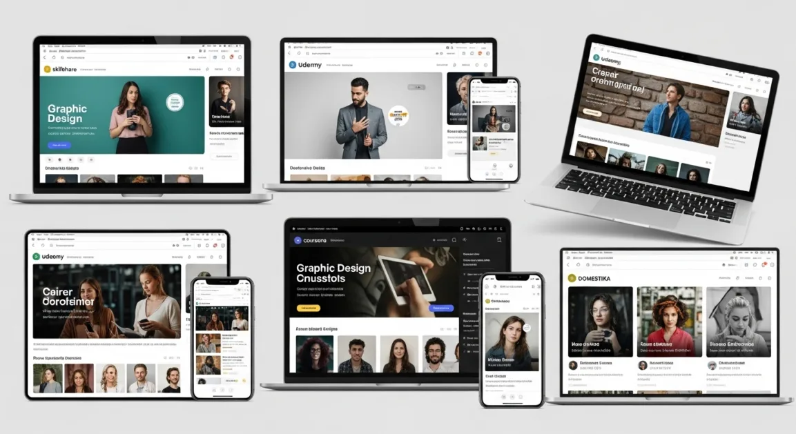 Collage showing popular online platforms offering graphic design courses including Coursera, Udemy, LinkedIn Learning, and Skillshare.