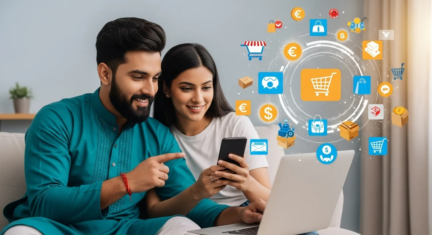 People shopping online through devices with e-commerce icons