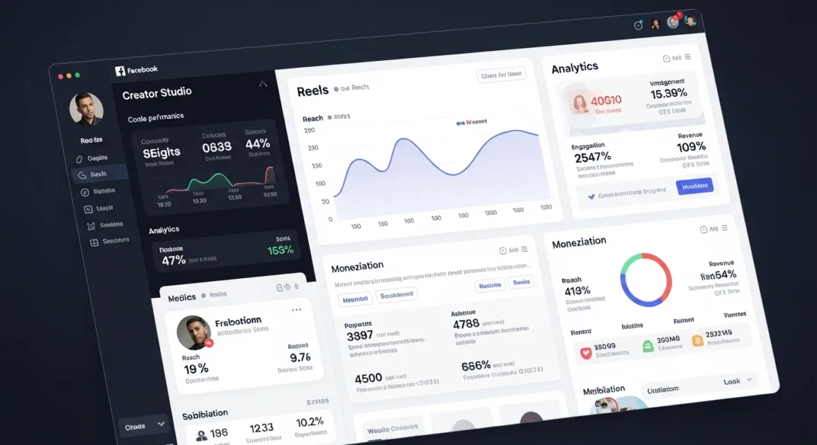 Close-up screenshot of Facebook Creator Studio dashboard showing reels performance, monetization stats, and bonus program eligibility.