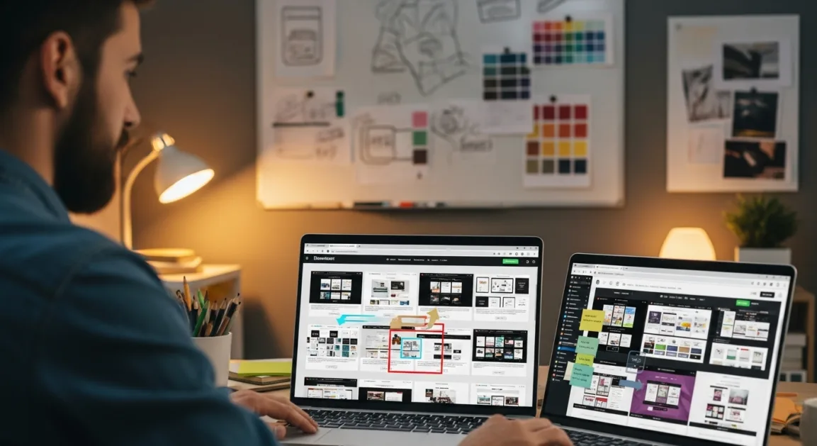 Designer displaying website templates on laptop ready to sell on online marketplaces.