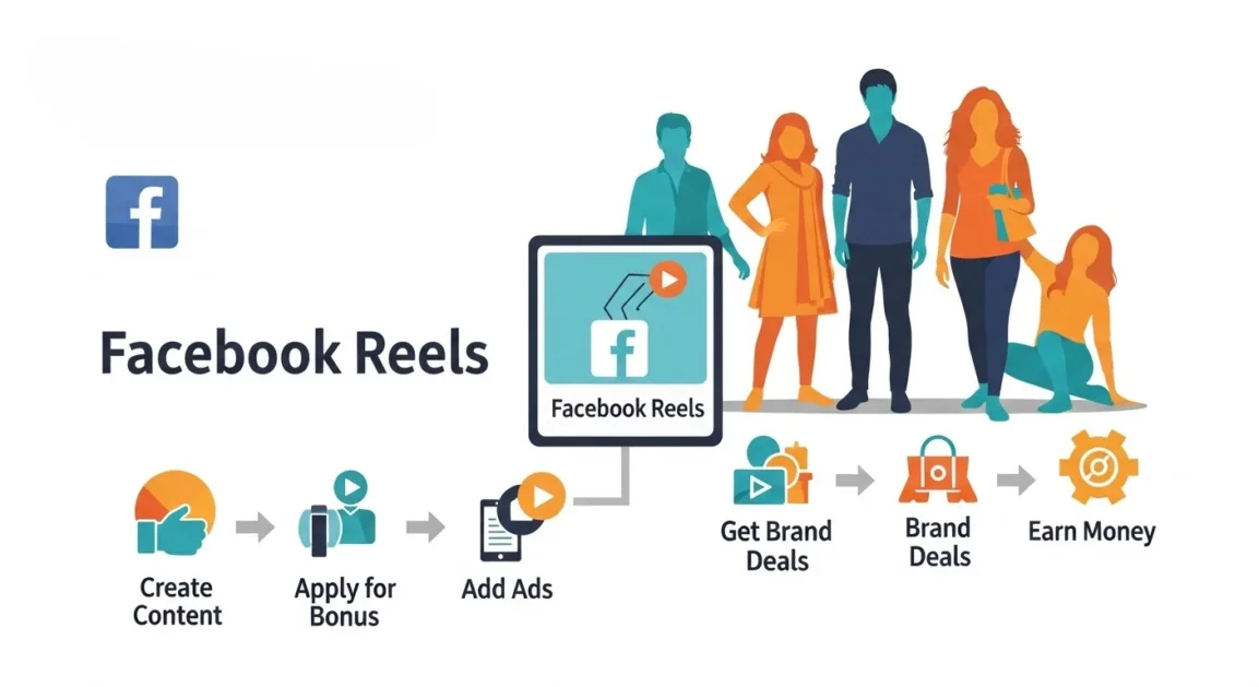 Colorful infographic illustrating steps to monetize Facebook Reels: create content, apply for bonus, add ads, get brand deals, earn money.