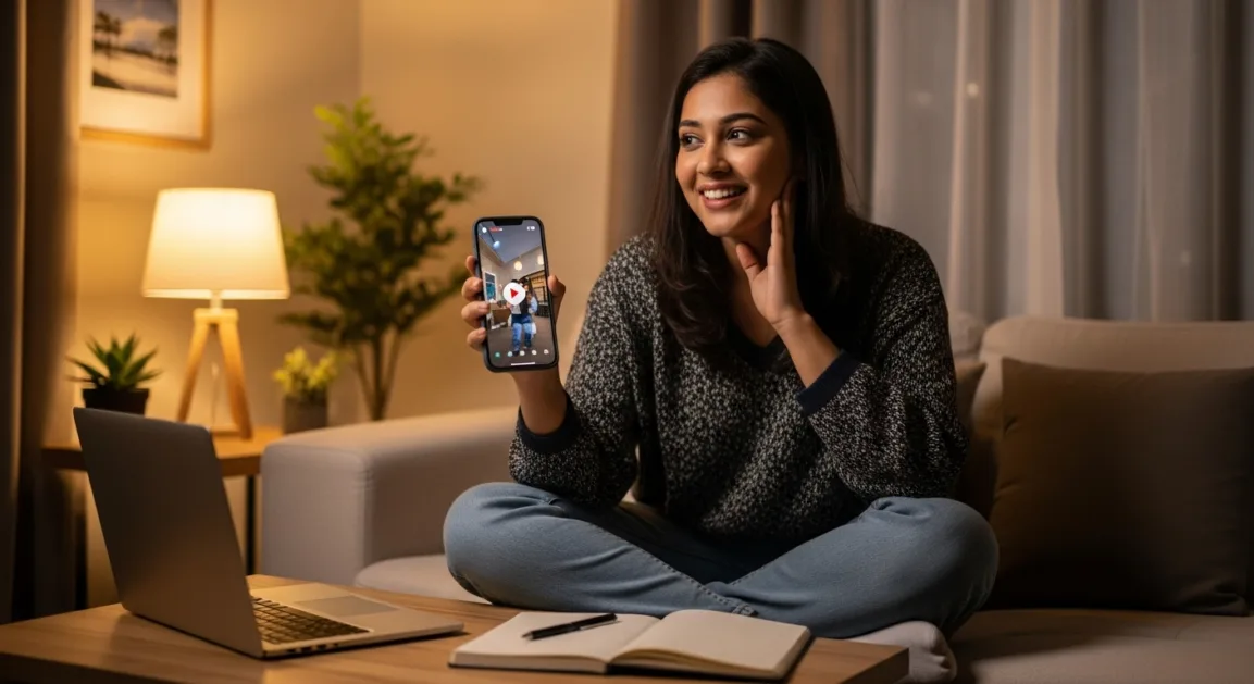 Young Indian content creator recording a Facebook Reel on smartphone in a cozy home setup with laptop and notes nearby.