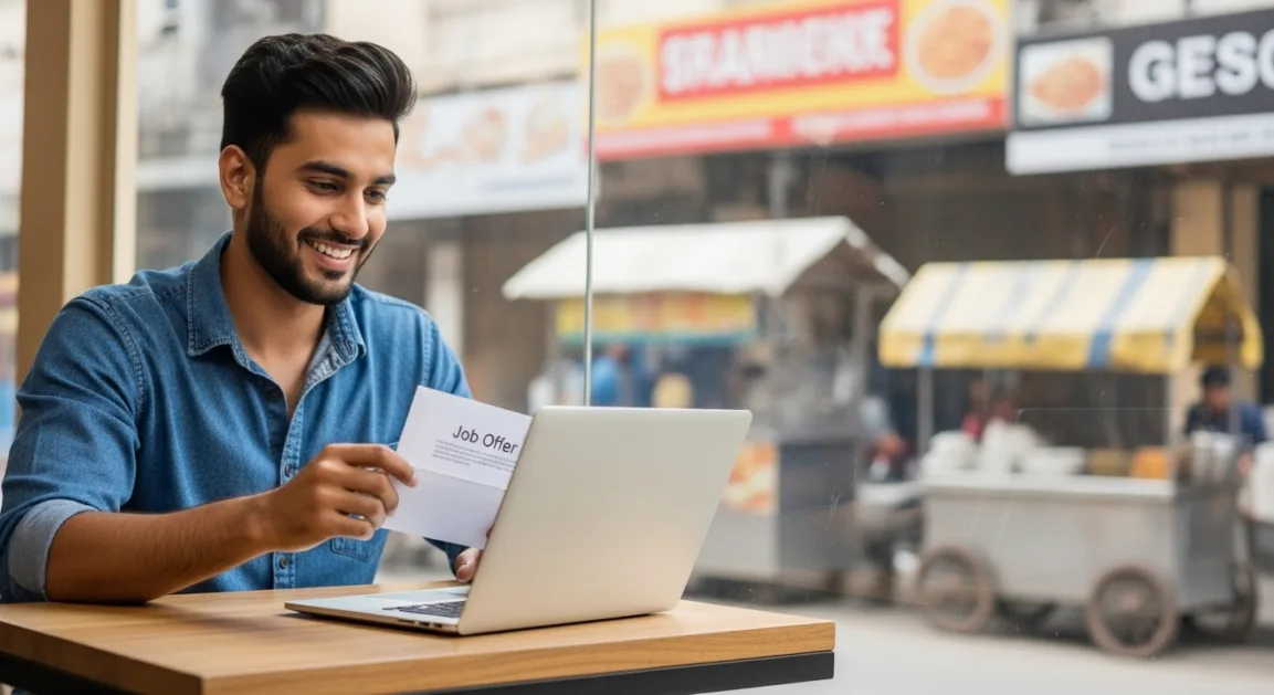 Happy Indian man checking job offer email on laptop in a cafe with Indian urban background.