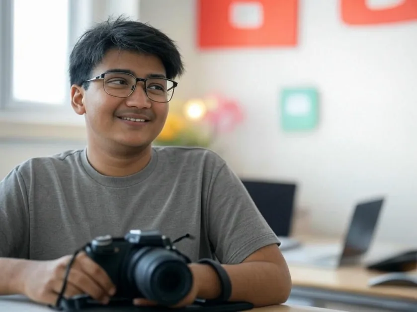 Desk par baitha ek naya Bharatiya YouTuber jo apne pehle video ke liye ideas soch raha hai, paas me laptop aur camera hai
