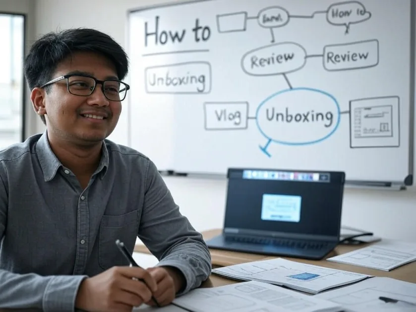 Ek vyakti YouTube video ideas sochta hua, aas-paas whiteboard par likhe 'How to', 'Review', 'Unboxing' jaise vichar.