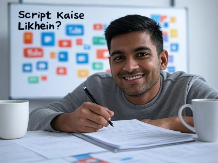 Ek vyakti laptop ya kagaz par YouTube video ki script likh raha hai, paas me notebook aur coffee ka cup rakha hai.