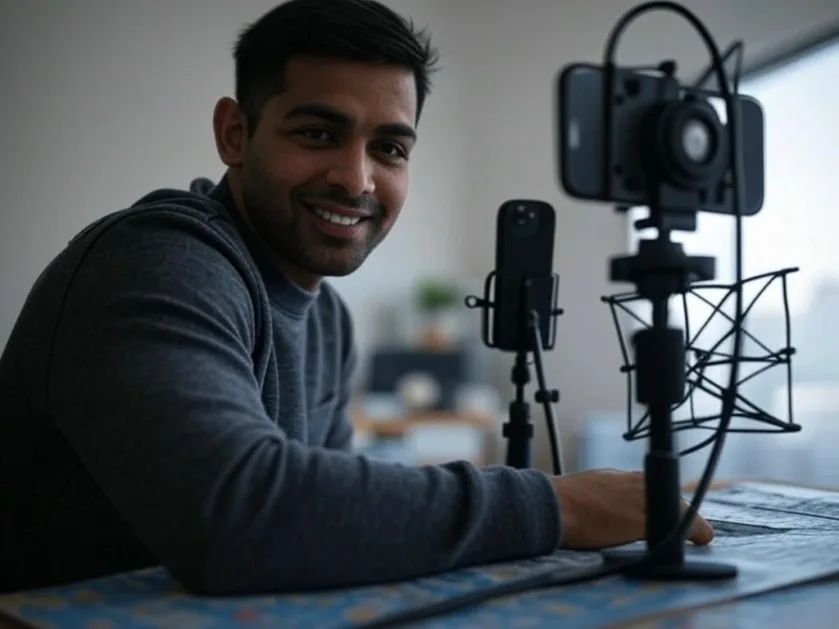 Ek shuruat karne wala YouTuber ghar par smartphone aur tripod ke madhyam se video record kar raha hai.