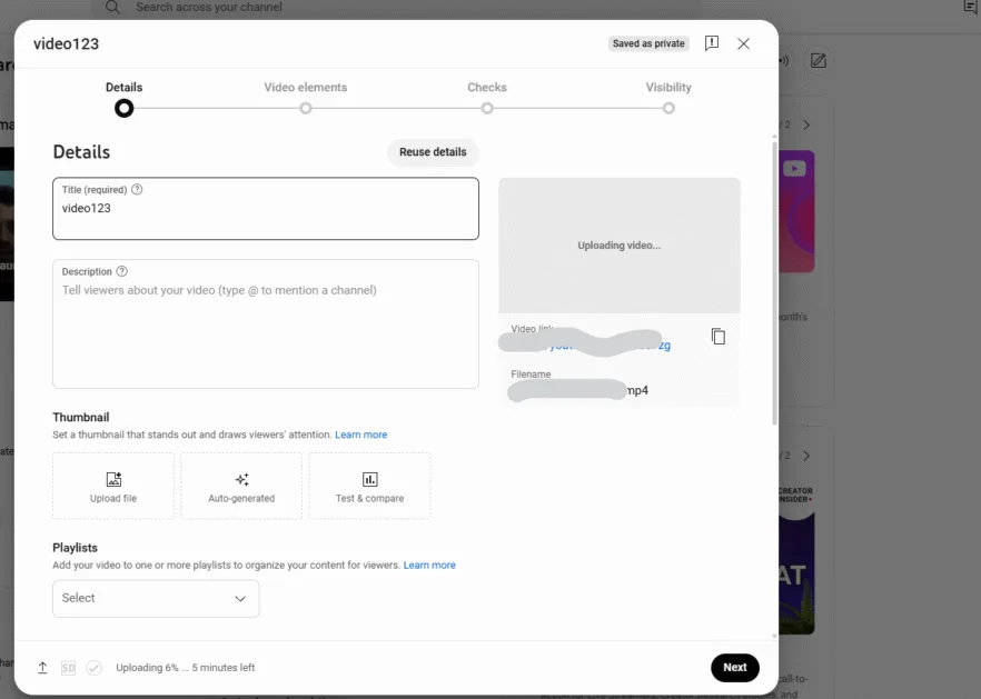 YouTube ka video upload interface jahan title, thumbnail aur description bhar rahe hain.