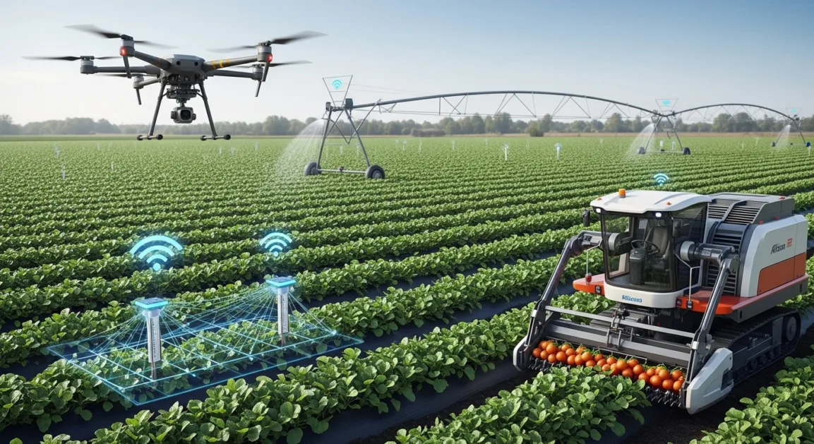 image showing AI components in agriculture: drones scanning crops, IoT sensors in soil, smart irrigation system, and a robot harvesting vegetable