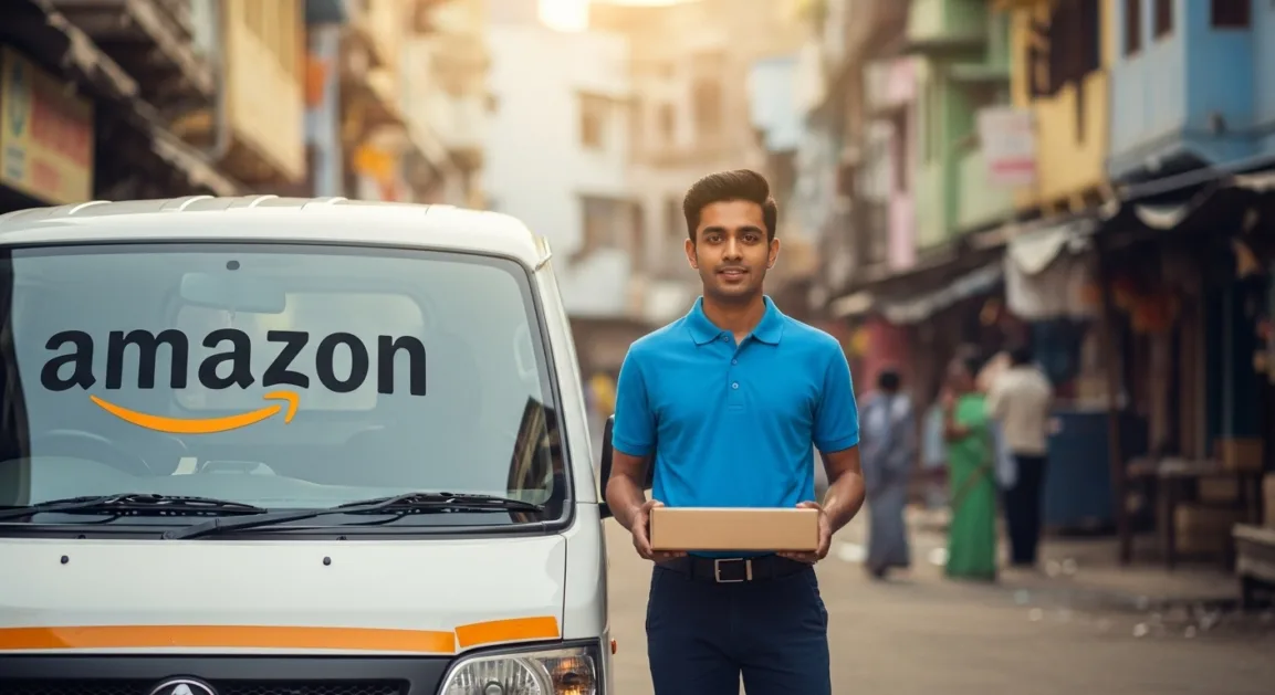 Indian Amazon delivery agent with package and delivery vehicle ready for dispatch