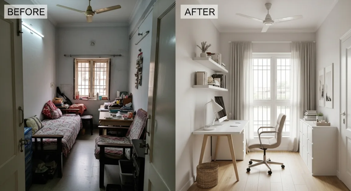 Before and after images showing transformation of a small Indian room into a clean and organized home office.