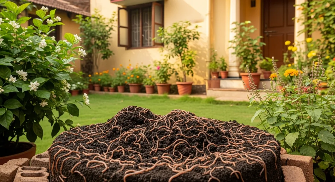 Indian backyard vermicomposting setup turning food waste into nutrient-rich compost