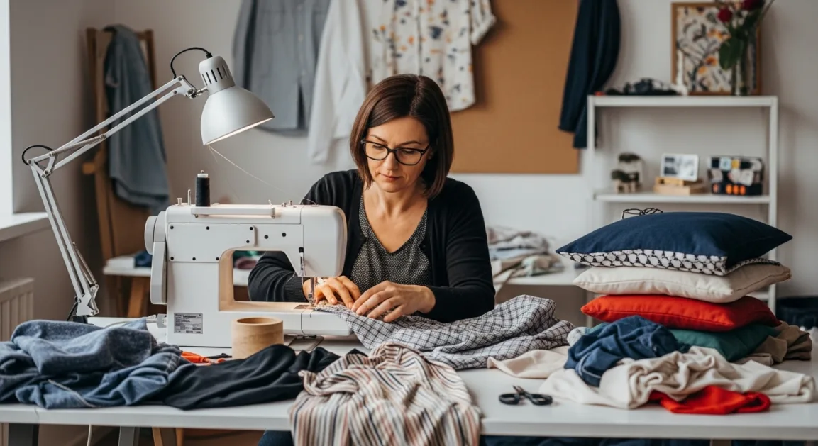 A textile designer sewing old clothes into new upcycled products like bags and cushions.