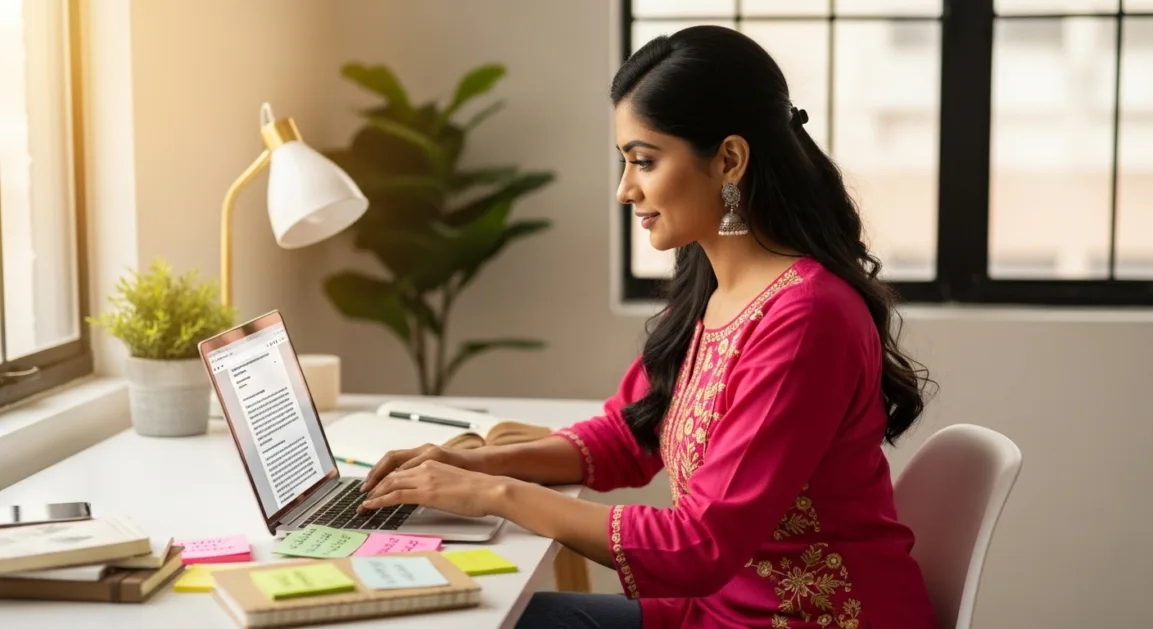 Indian entrepreneur managing social media and marketing strategies for mindfulness workshop business