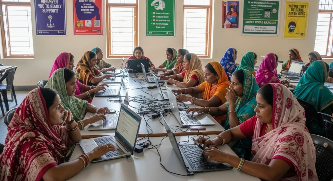 भारतीय विधवा महिलाओं के लिए डिजिटल सहायता नेटवर्क का प्लेटफॉर्म दिखाता हुआ स्क्रीन