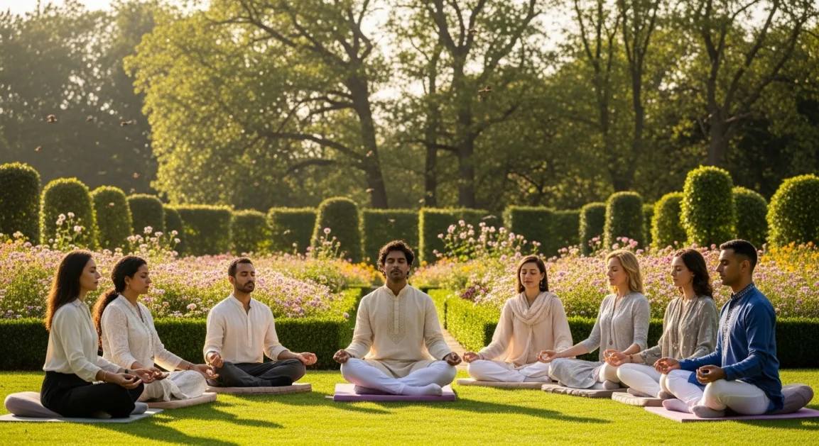 Indian community members participating in outdoor group mindfulness meditation